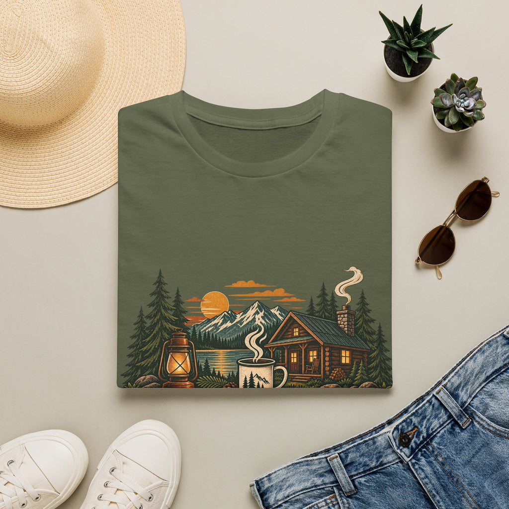 Cabin • Coffee • Calm T-Shirt — Rustic Cabin Coffee Graphic Tee