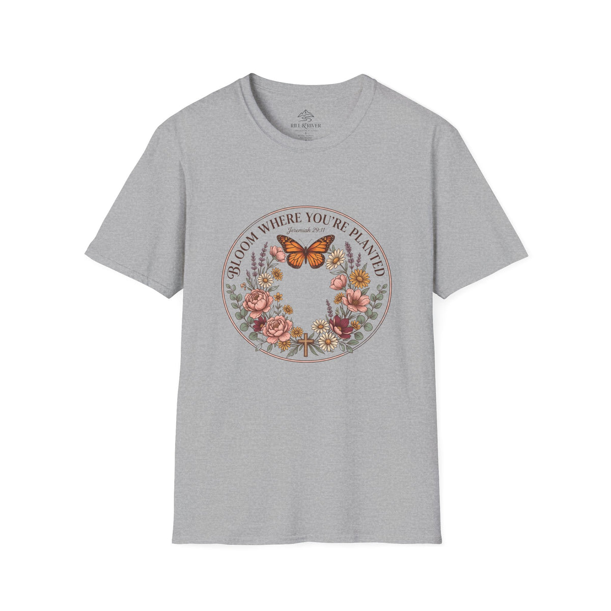 Copy of Bloom Where You’re Planted T-Shirt — Floral Butterfly Inspirational Tee
