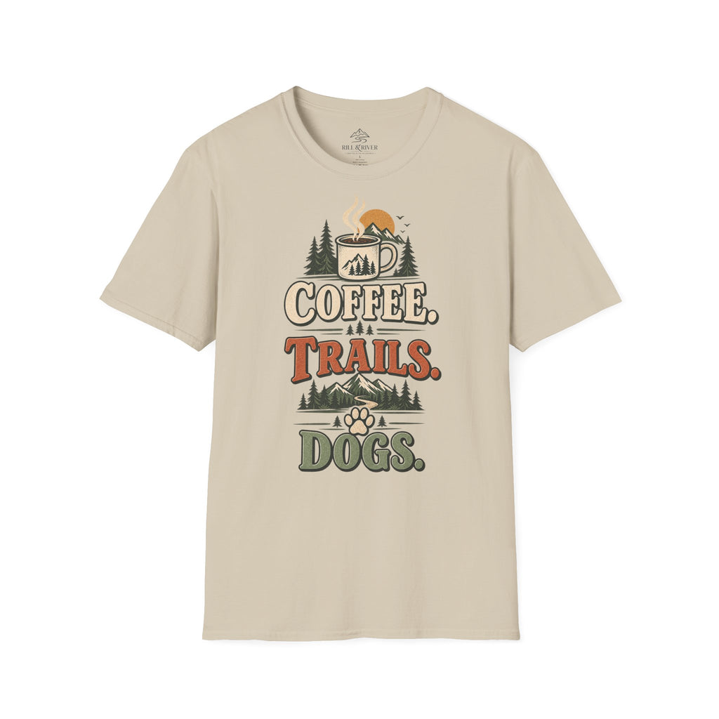 Coffee. Trails. Dogs. T-Shirt — Outdoor Coffee & Hiking Dog Tee