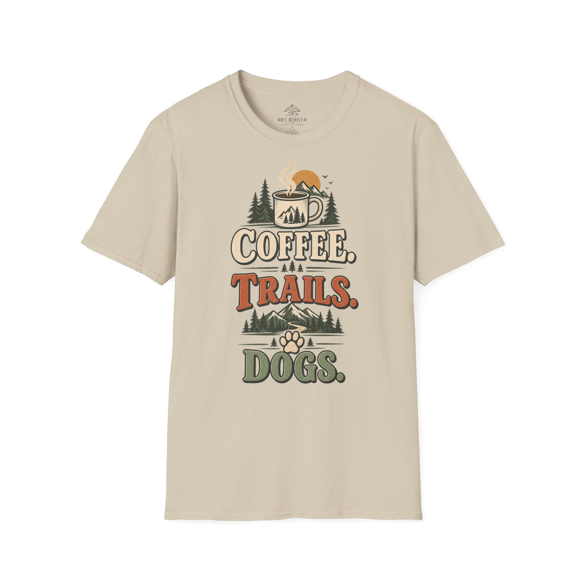 Coffee. Trails. Dogs. T-Shirt — Outdoor Coffee & Hiking Dog Tee