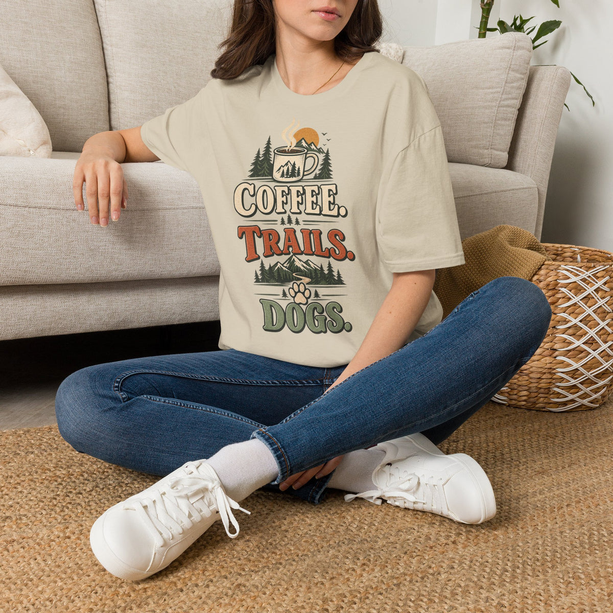 Coffee. Trails. Dogs. T-Shirt — Outdoor Coffee & Hiking Dog Tee