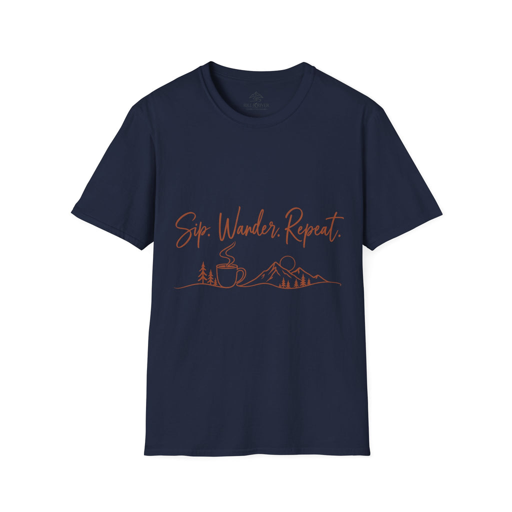 Sip, Wander, Repeat T-Shirt — Scenic Coffee & Mountain Travel Tee