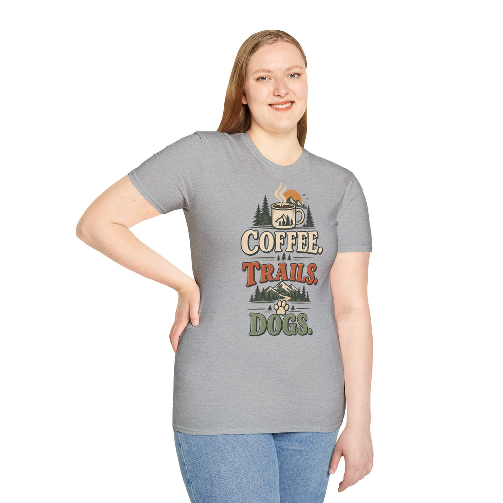 Coffee. Trails. Dogs. T-Shirt — Outdoor Coffee & Hiking Dog Tee