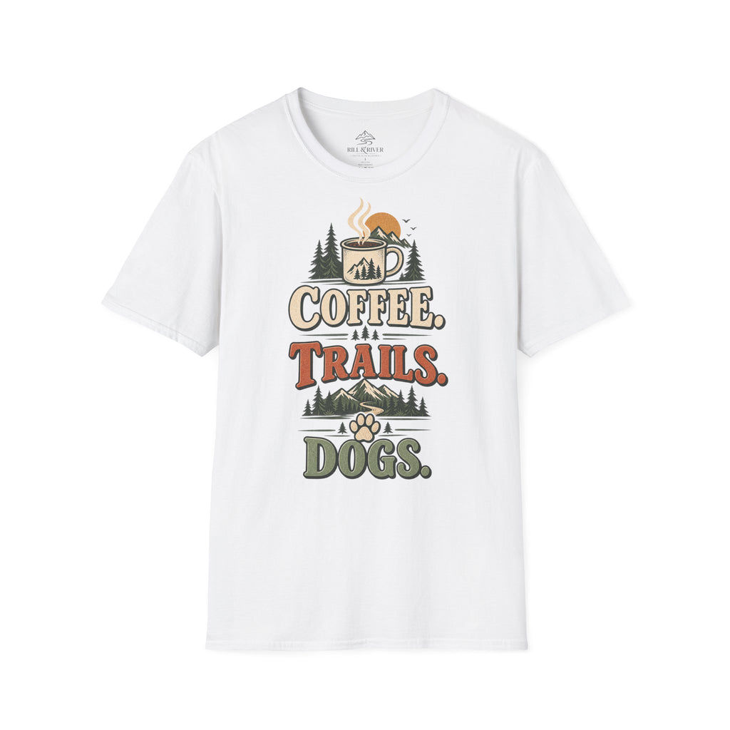 Coffee. Trails. Dogs. T-Shirt — Outdoor Coffee & Hiking Dog Tee