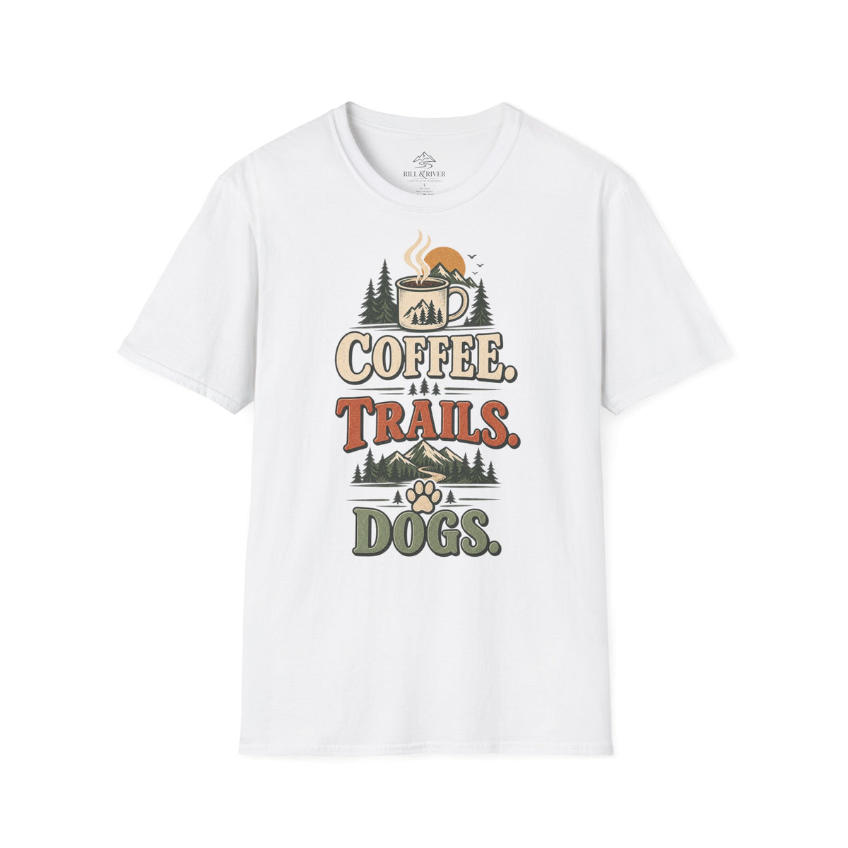 Coffee. Trails. Dogs. T-Shirt — Outdoor Coffee & Hiking Dog Tee