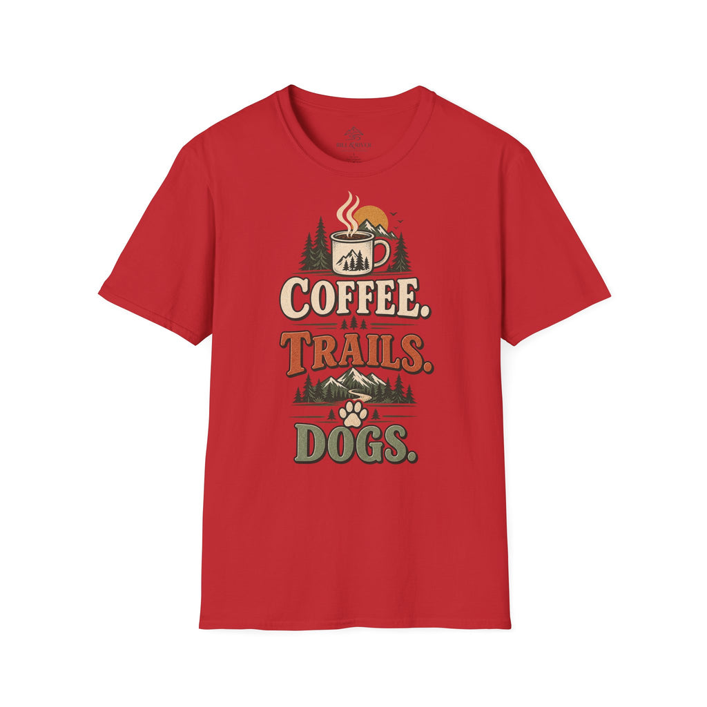 Coffee. Trails. Dogs. T-Shirt — Outdoor Coffee & Hiking Dog Tee