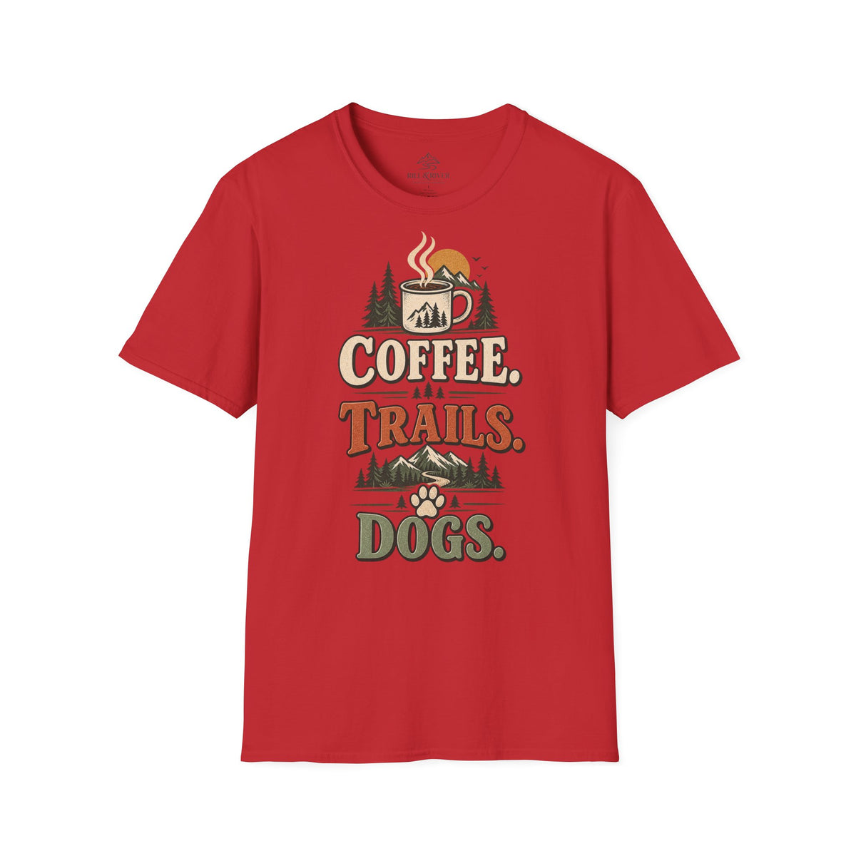 Coffee. Trails. Dogs. T-Shirt — Outdoor Coffee & Hiking Dog Tee