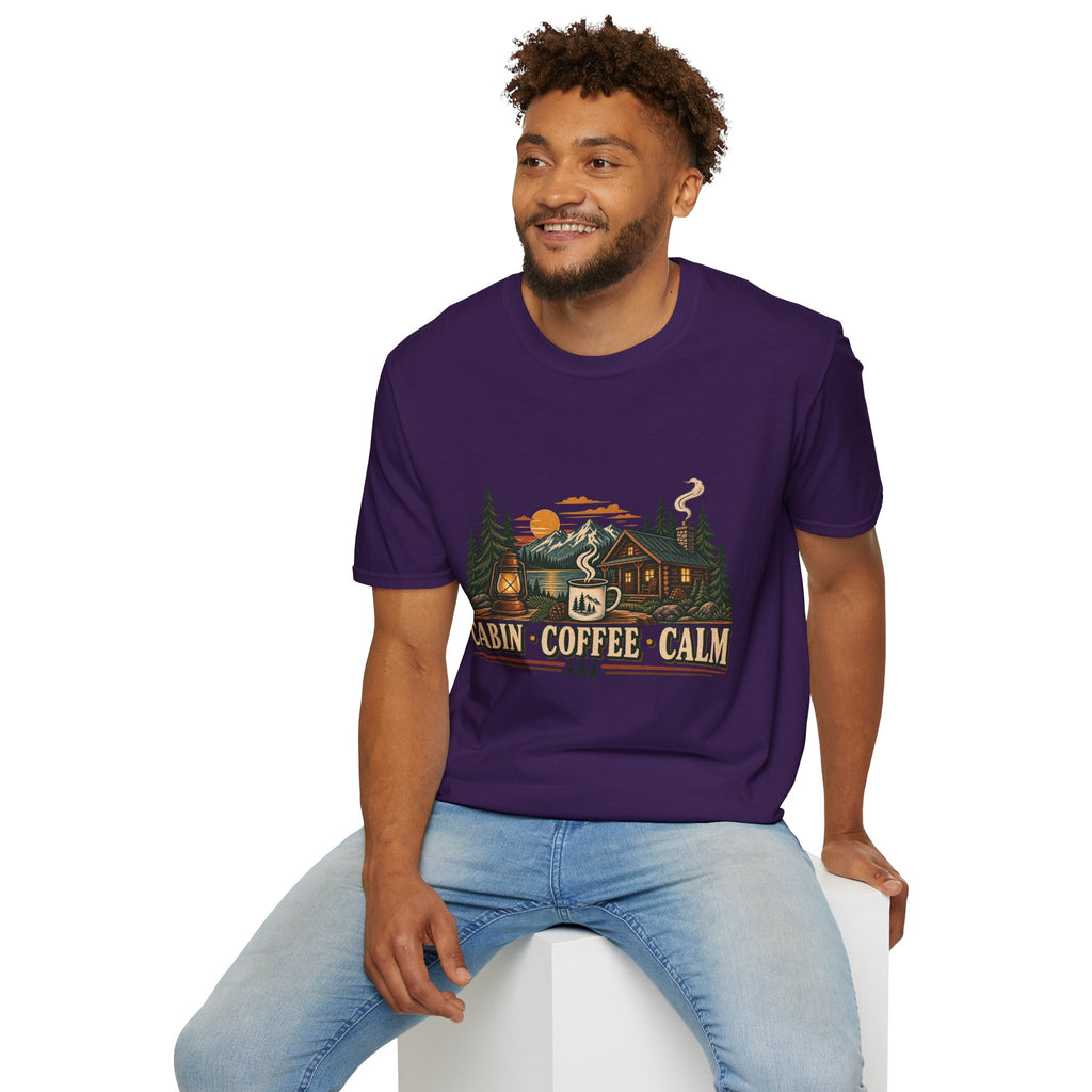 Cabin • Coffee • Calm T-Shirt — Rustic Cabin Coffee Graphic Tee