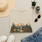 Cabin • Coffee • Calm T-Shirt — Rustic Cabin Coffee Graphic Tee