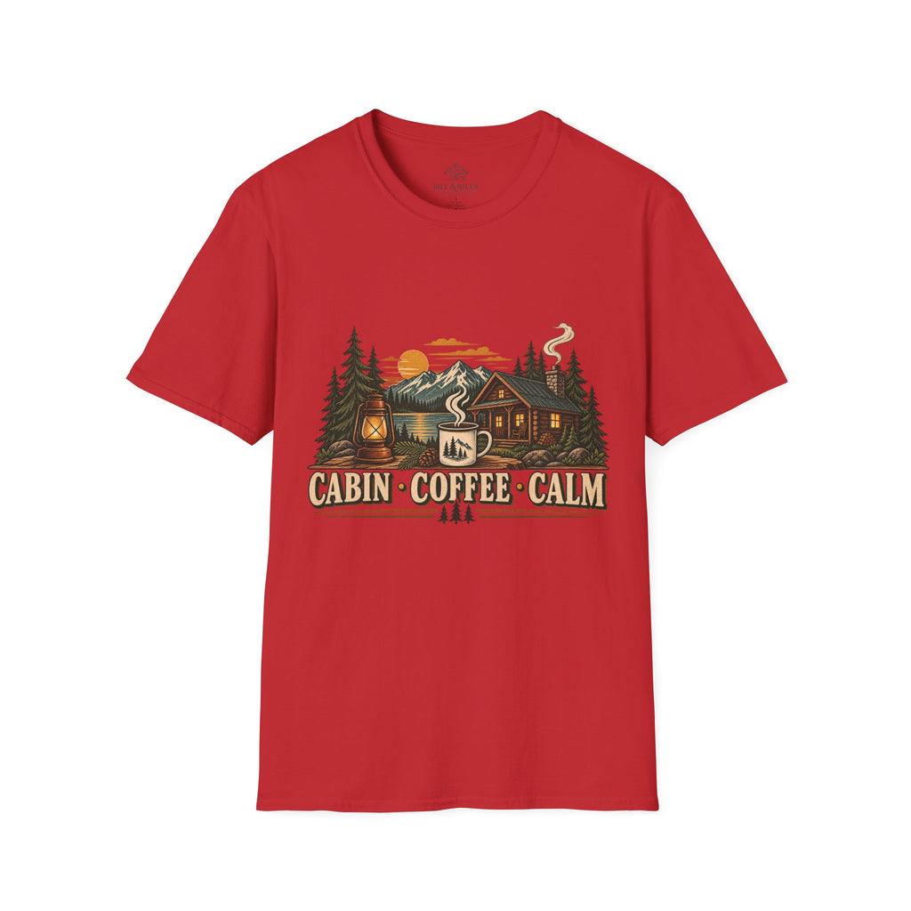 Cabin Coffee Calm T‑Shirt — Rustic Cabin Coffee Nature Tee