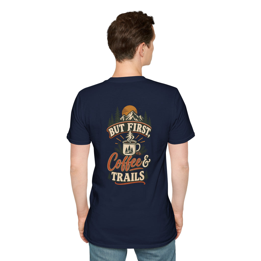 But First Coffee & Trails T-Shirt — Outdoor Coffee Lover Graphic Tee