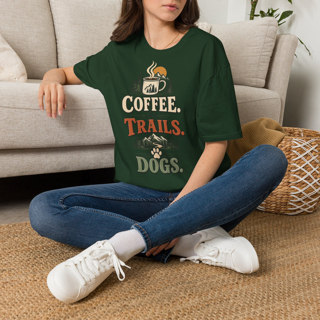 Coffee. Trails. Dogs. T-Shirt — Outdoor Coffee & Hiking Dog Tee