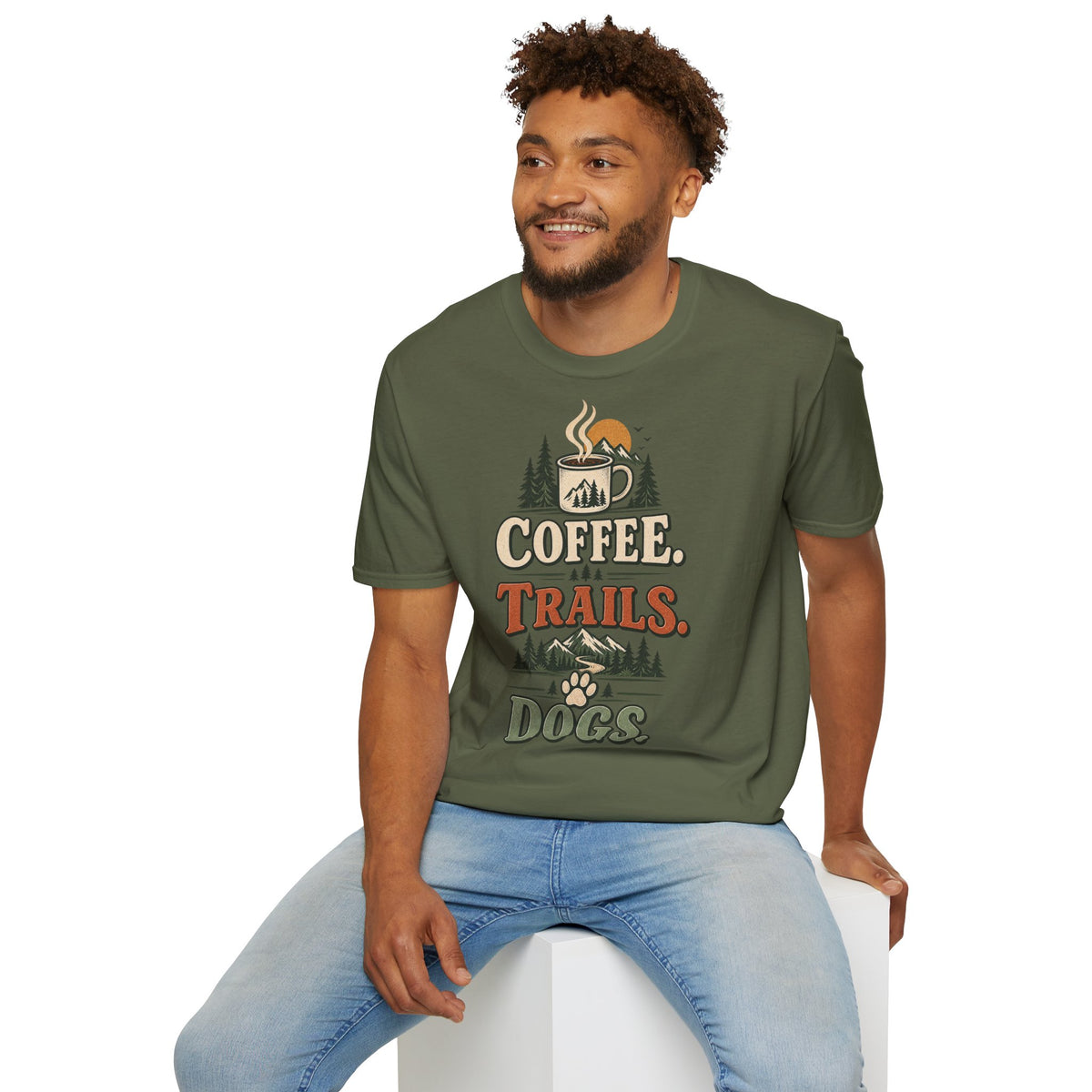 Coffee. Trails. Dogs. T-Shirt — Outdoor Coffee & Hiking Dog Tee