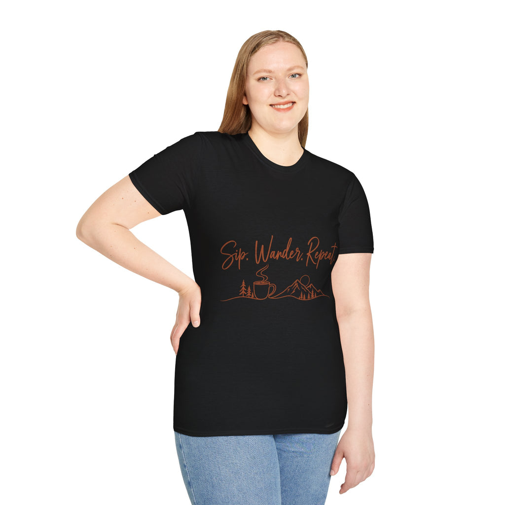 Sip. Wander. Repeat. T-Shirt — Adventure Coffee Graphic Tee