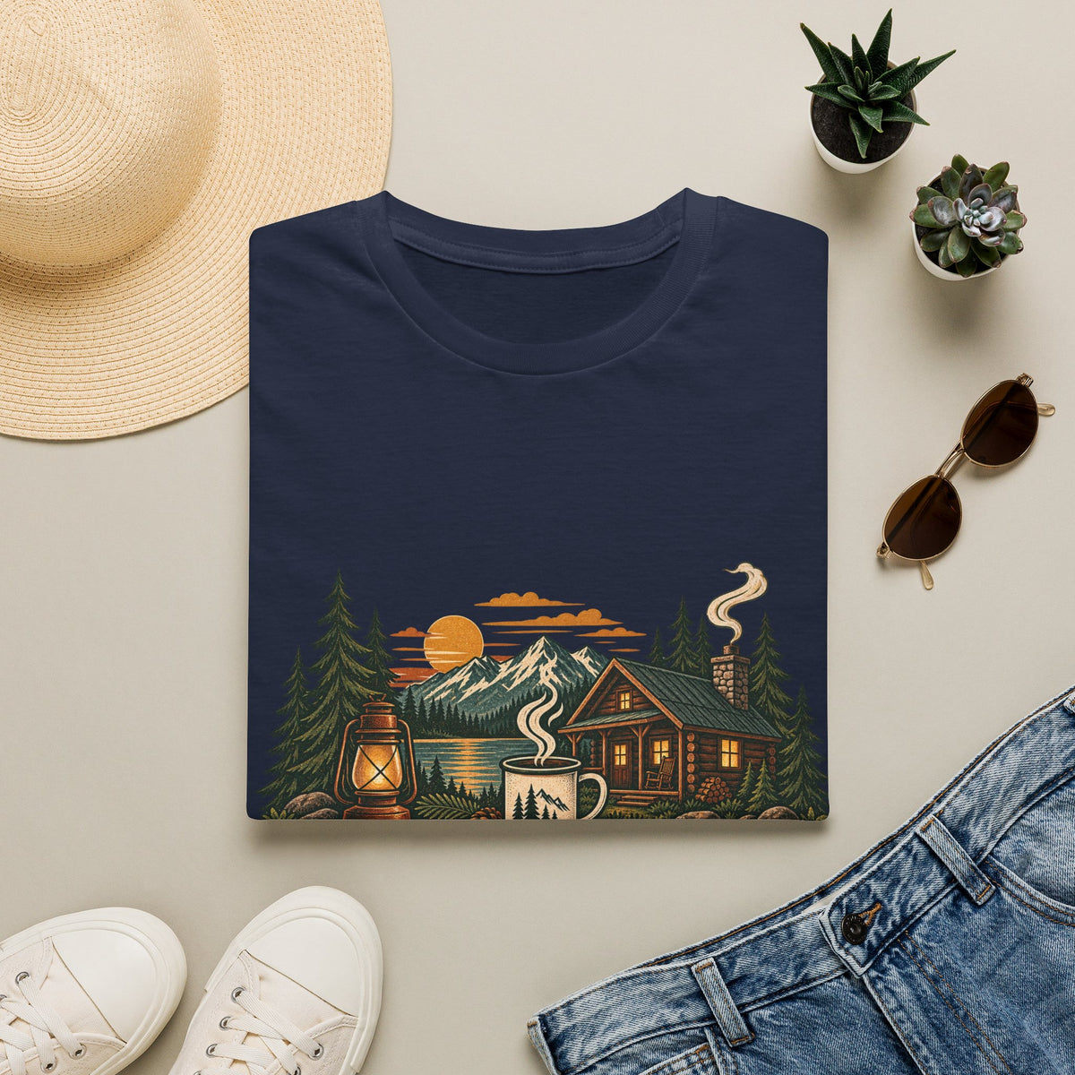 Cabin • Coffee • Calm T-Shirt — Rustic Cabin Coffee Graphic Tee