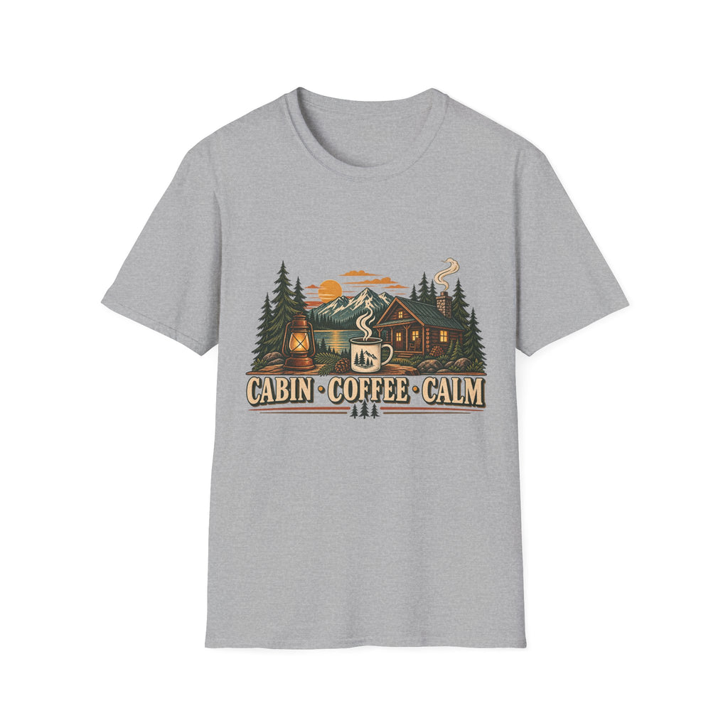 Cabin • Coffee • Calm T-Shirt — Rustic Cabin Coffee Graphic Tee