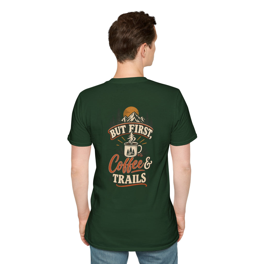But First Coffee & Trails T-Shirt — Outdoor Coffee Lover Graphic Tee