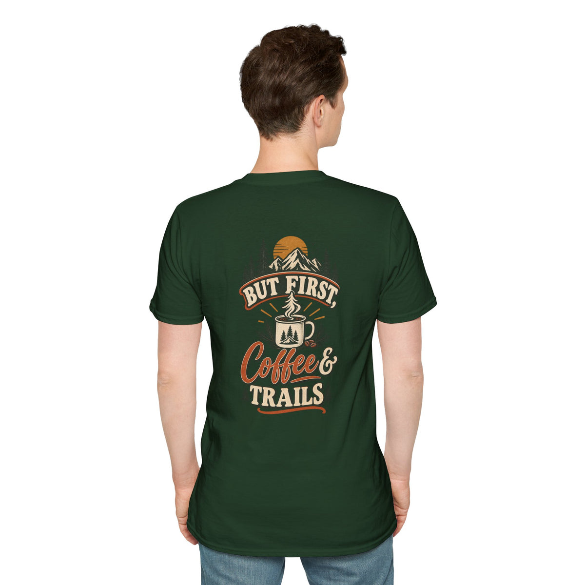 But First Coffee & Trails T-Shirt — Outdoor Coffee Lover Graphic Tee