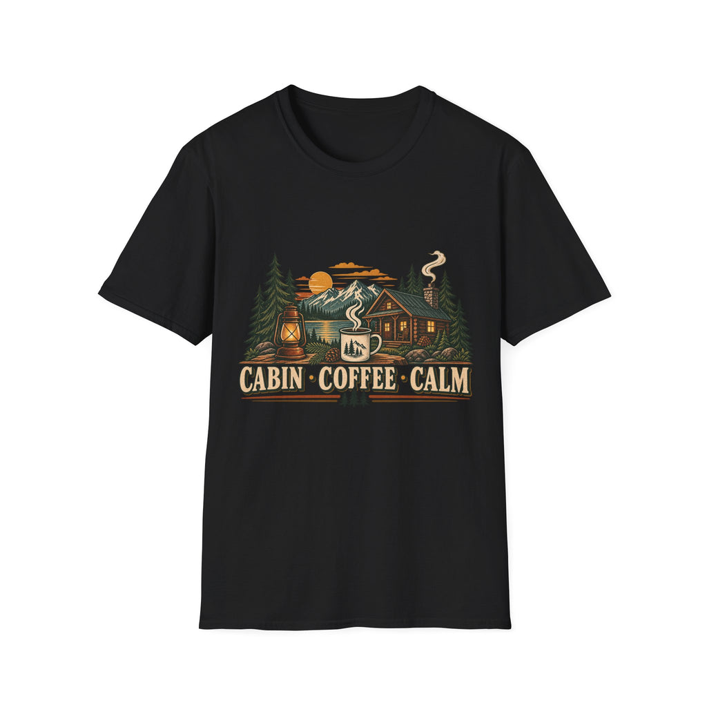 Cabin • Coffee • Calm T-Shirt — Rustic Cabin Coffee Graphic Tee