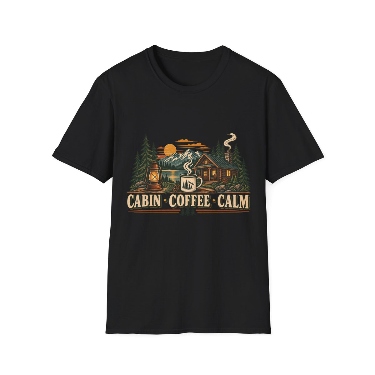 Cabin • Coffee • Calm T-Shirt — Rustic Cabin Coffee Graphic Tee