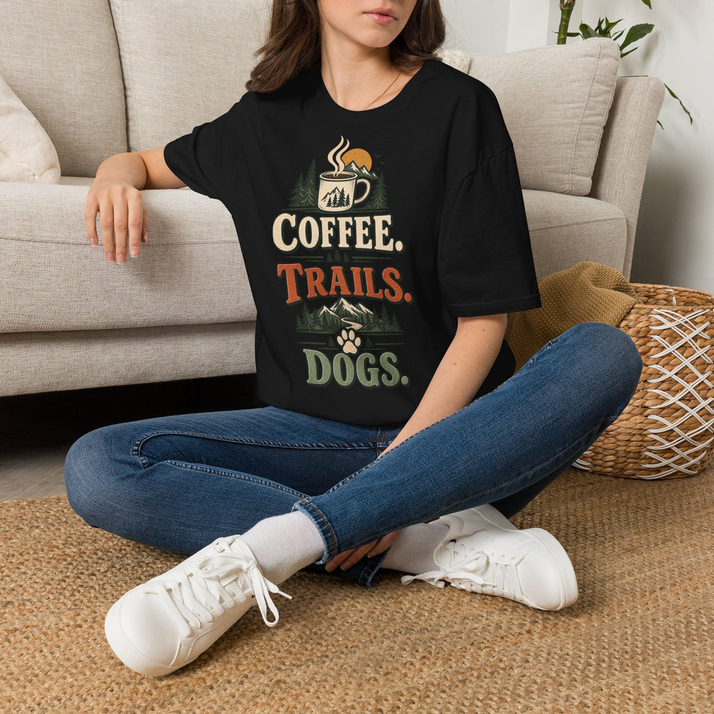 Coffee. Trails. Dogs. T-Shirt — Outdoor Coffee & Hiking Dog Tee