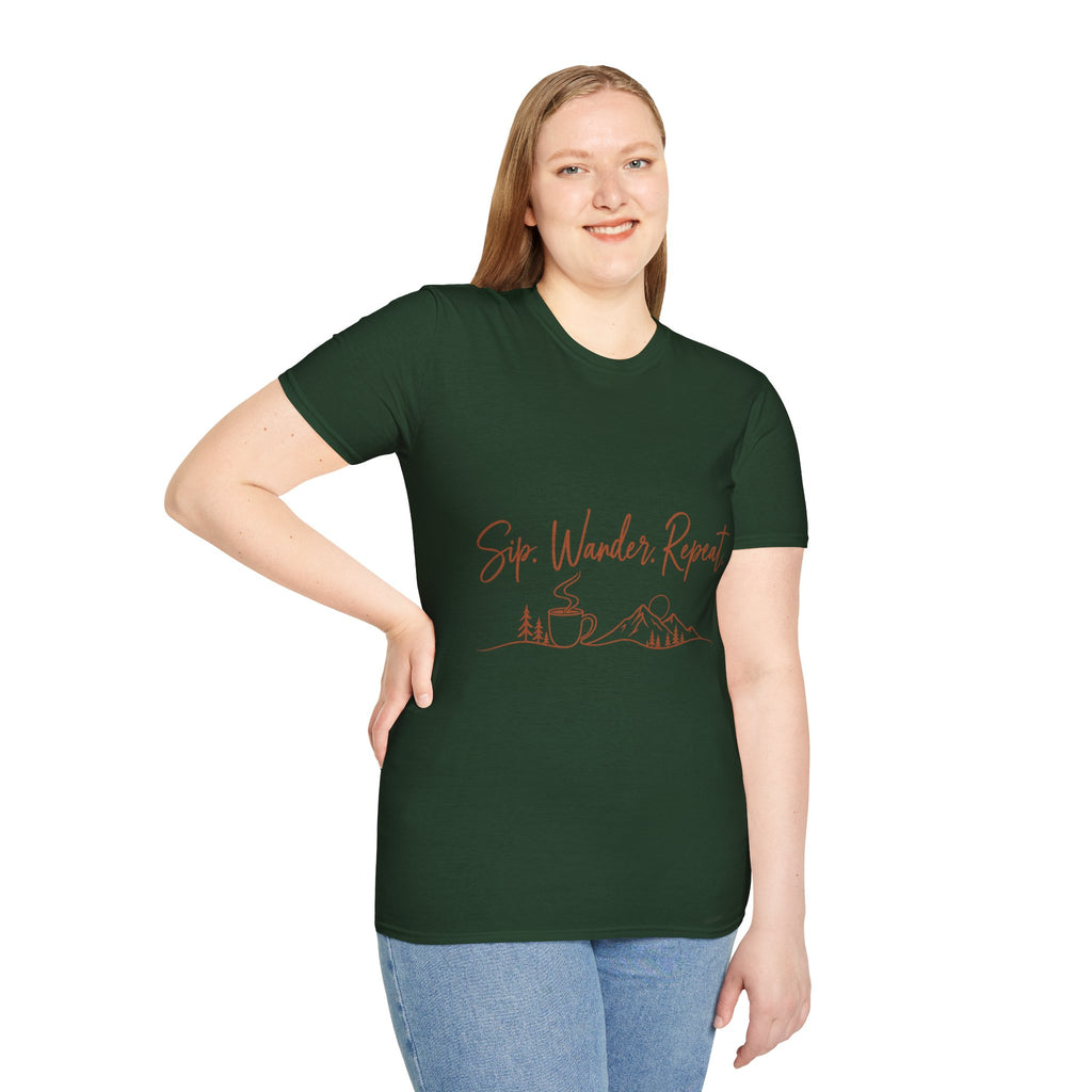 Sip, Wander, Repeat T-Shirt — Scenic Coffee & Mountain Travel Tee