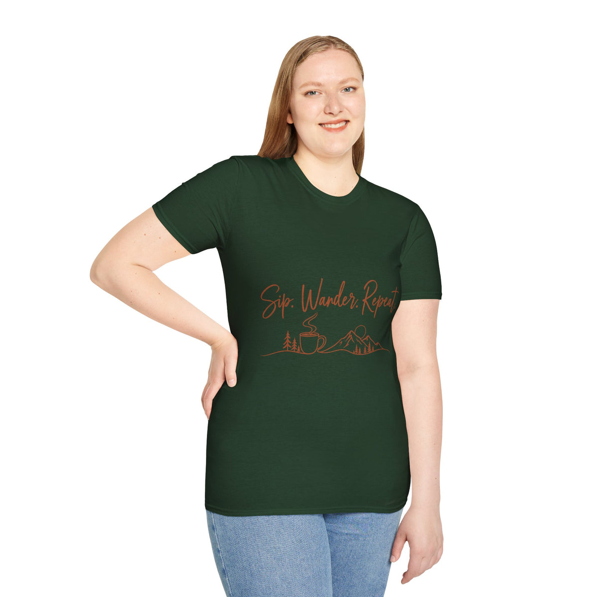Sip, Wander, Repeat T-Shirt — Scenic Coffee & Mountain Travel Tee