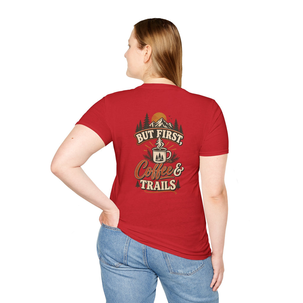 But First Coffee & Trails T-Shirt — Outdoor Coffee Lover Graphic Tee