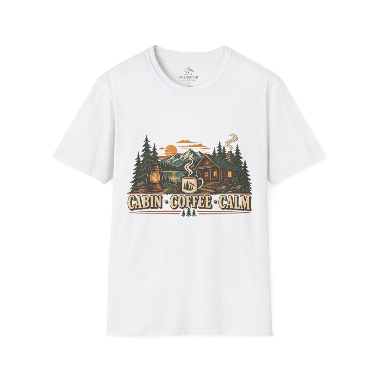 Cabin Coffee Calm T‑Shirt — Rustic Cabin Coffee Nature Tee