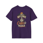 But First Coffee & Trails T-Shirt — Outdoor Coffee Lover Graphic Tee