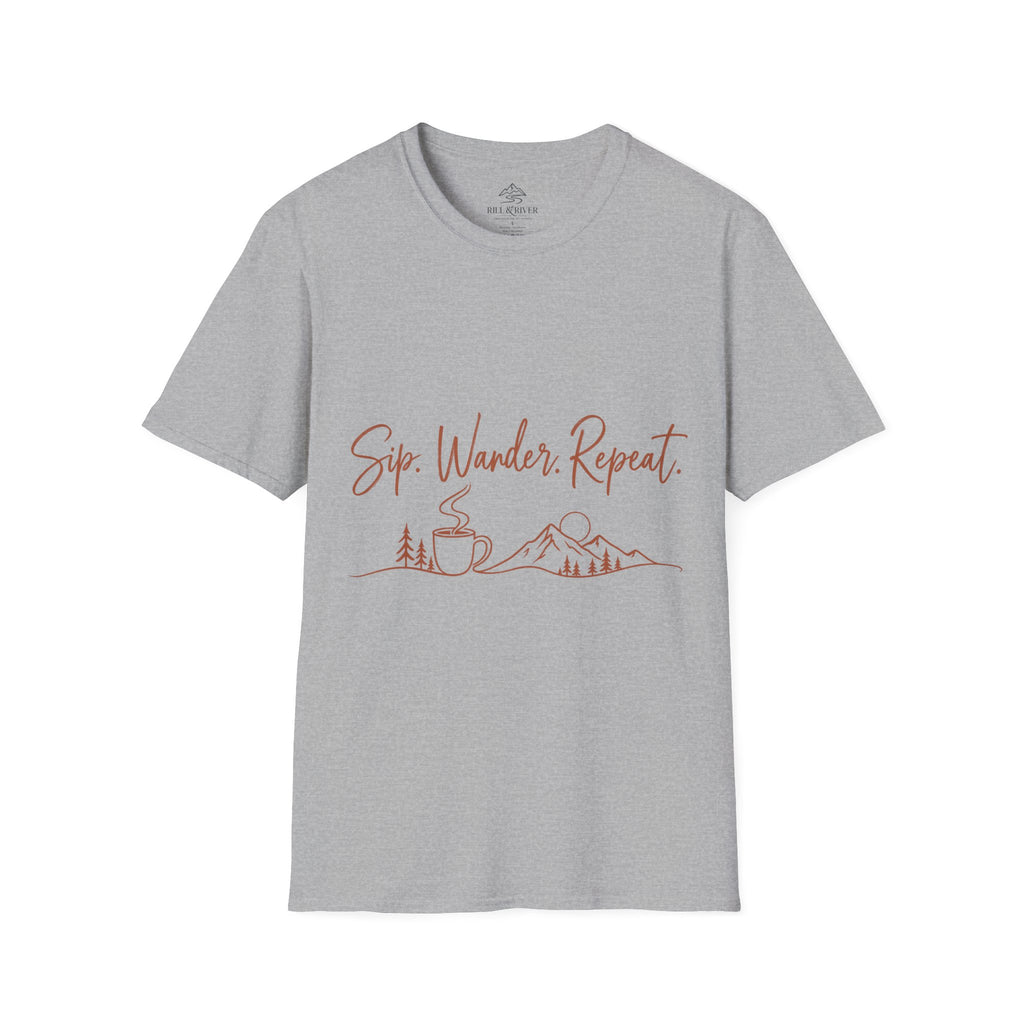 Sip, Wander, Repeat T-Shirt — Scenic Coffee & Mountain Travel Tee