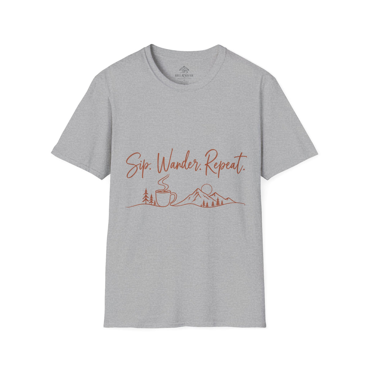 Sip, Wander, Repeat T-Shirt — Scenic Coffee & Mountain Travel Tee