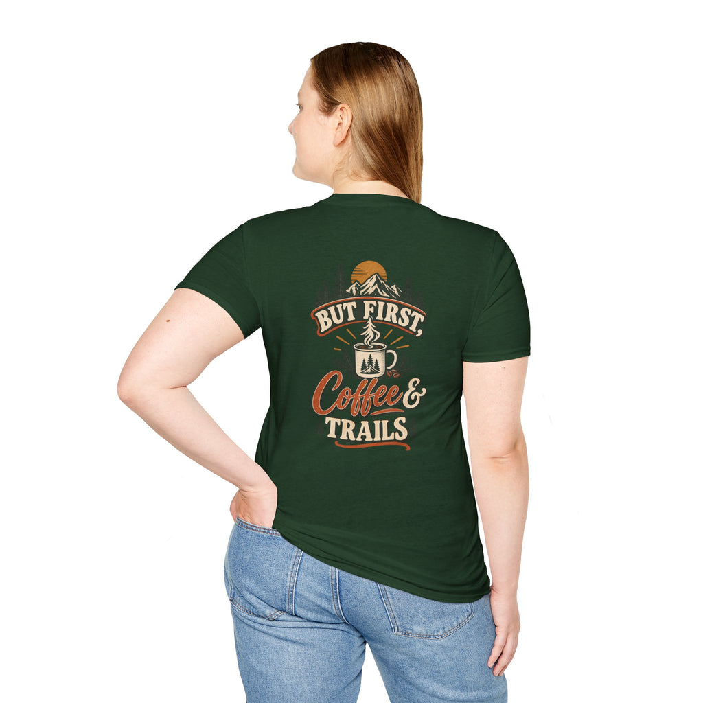 But First Coffee & Trails T-Shirt — Outdoor Coffee Lover Graphic Tee