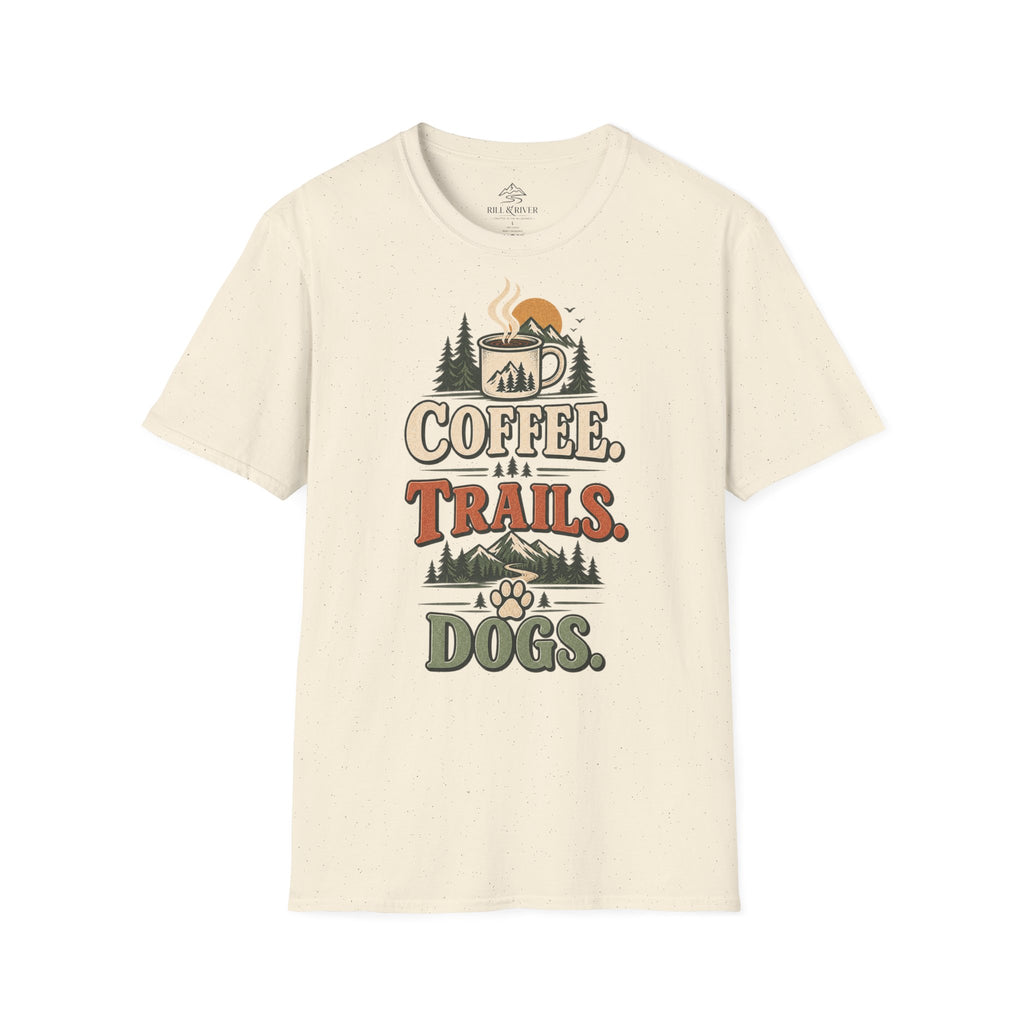 Coffee. Trails. Dogs. T-Shirt — Outdoor Coffee & Hiking Dog Tee