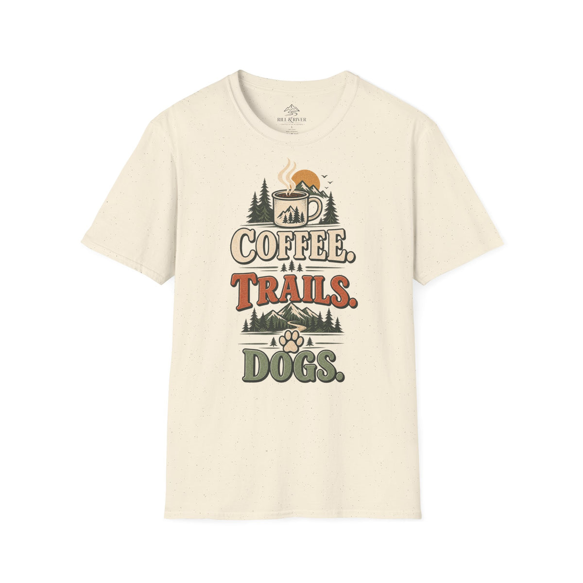 Coffee. Trails. Dogs. T-Shirt — Outdoor Coffee & Hiking Dog Tee