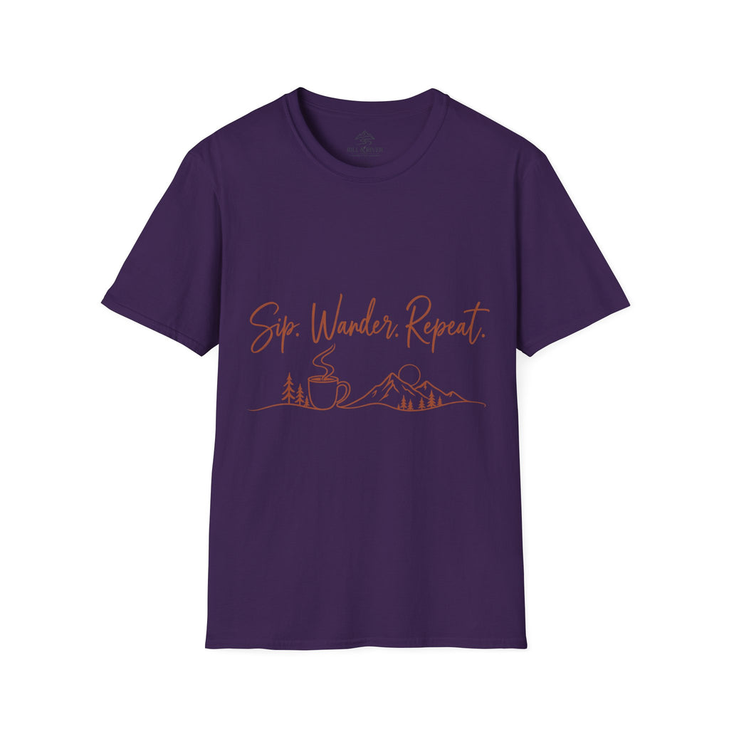 Sip, Wander, Repeat T-Shirt — Scenic Coffee & Mountain Travel Tee