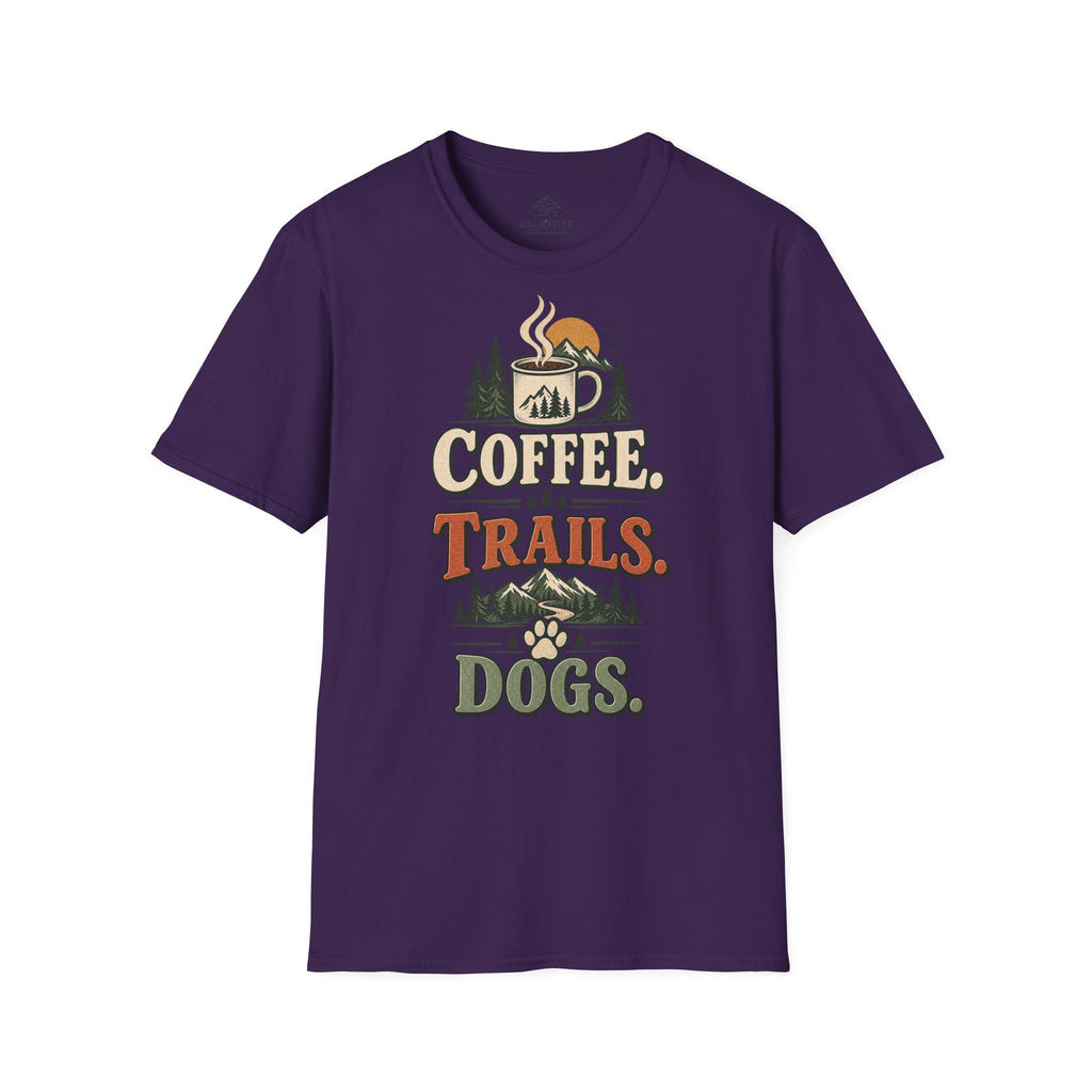 Coffee. Trails. Dogs. T-Shirt — Outdoor Coffee & Hiking Dog Tee