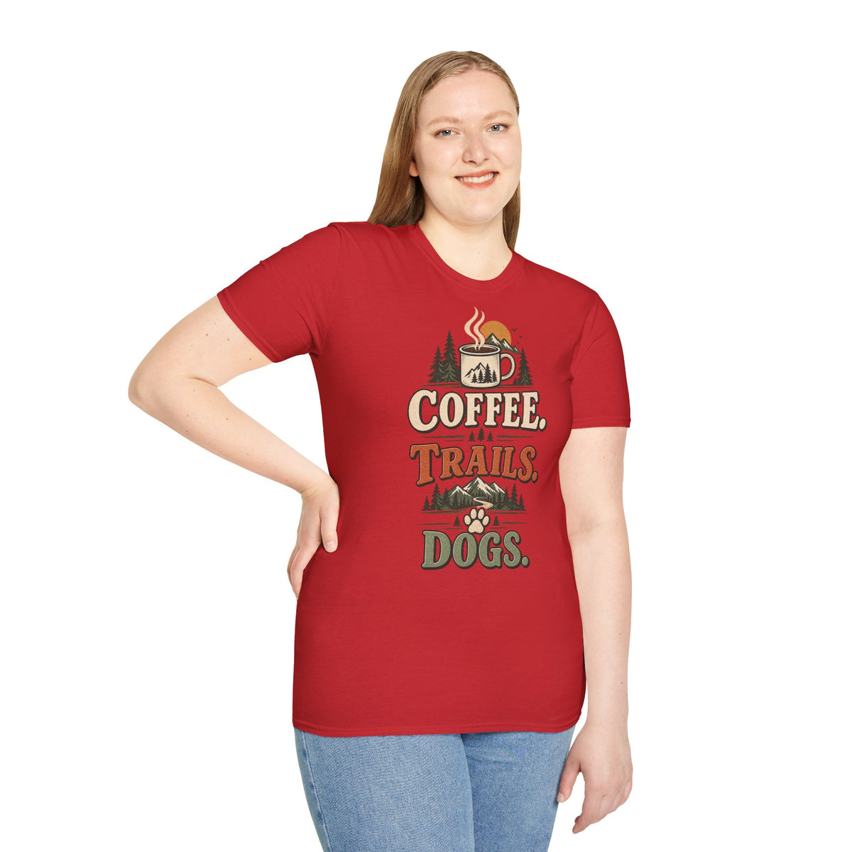 Coffee. Trails. Dogs. T-Shirt — Outdoor Coffee & Hiking Dog Tee