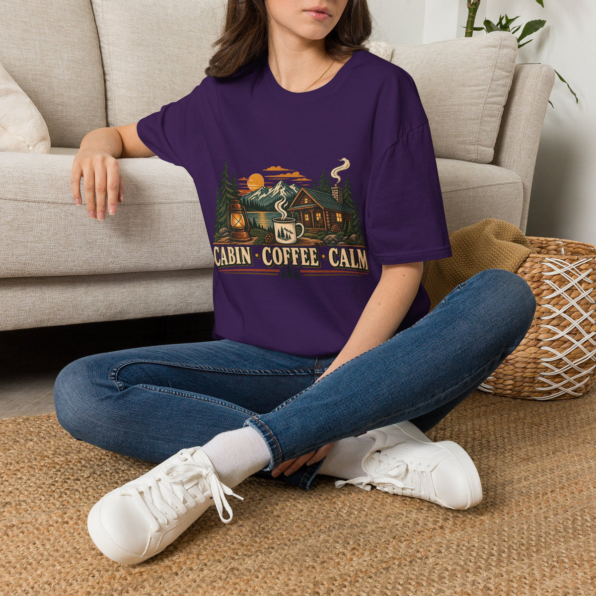 Cabin • Coffee • Calm T-Shirt — Rustic Cabin Coffee Graphic Tee