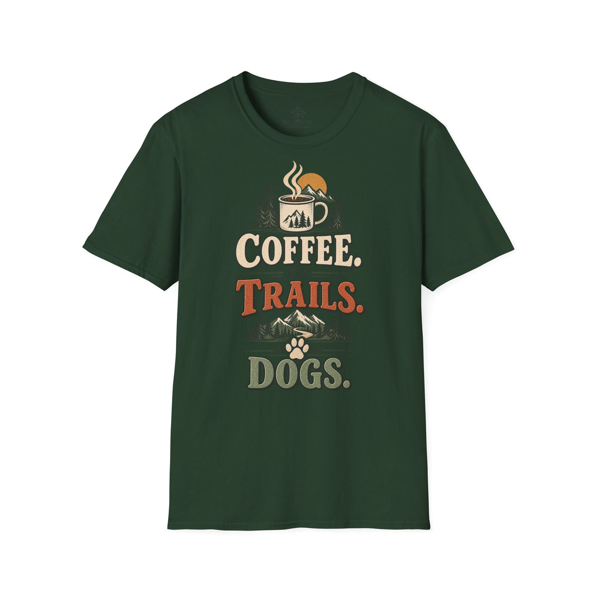 Coffee. Trails. Dogs. T-Shirt — Outdoor Coffee & Hiking Dog Tee