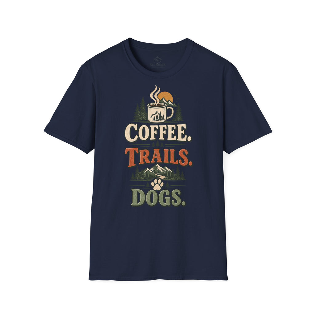 Coffee. Trails. Dogs. T-Shirt — Outdoor Coffee & Hiking Dog Tee