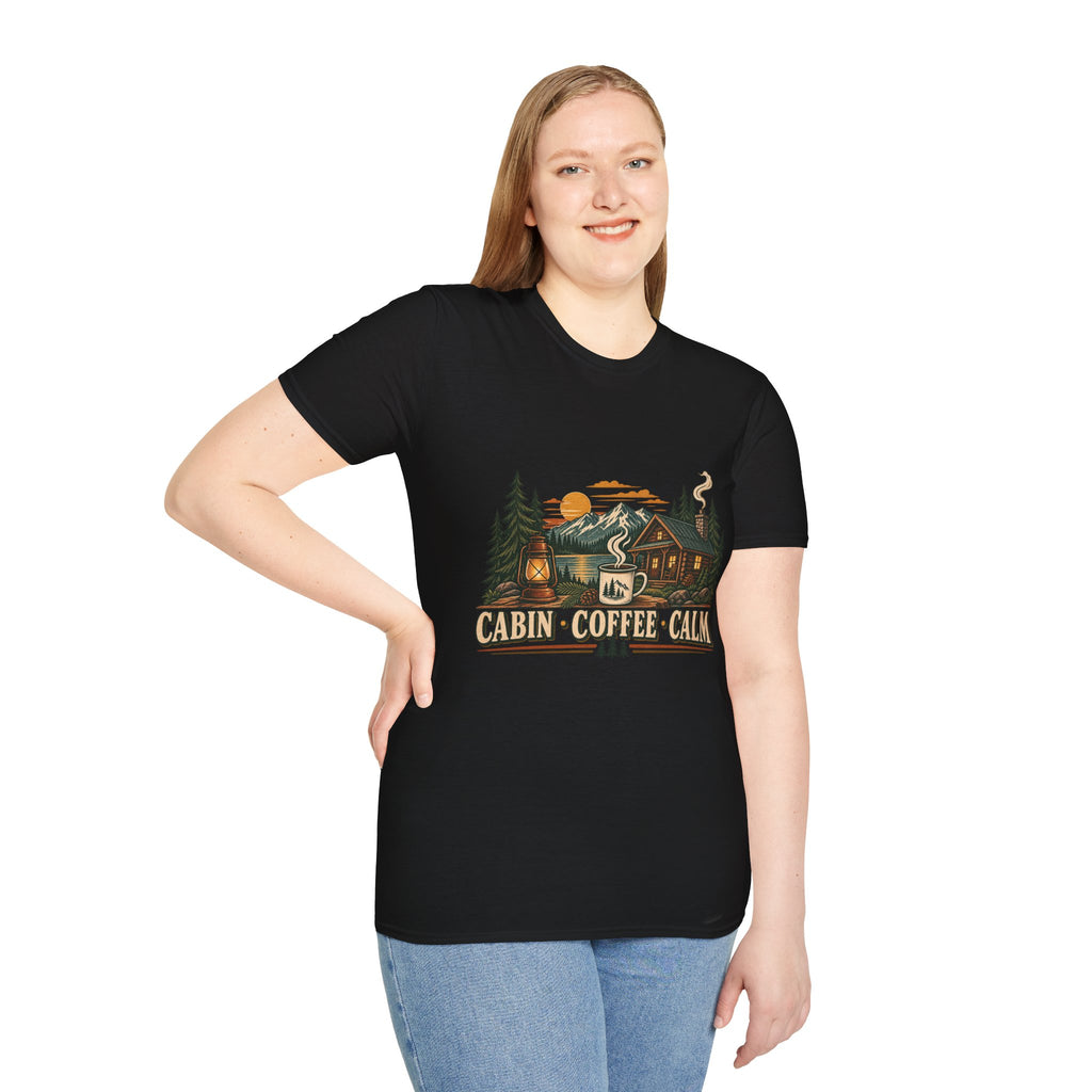 Cabin • Coffee • Calm T-Shirt — Rustic Cabin Coffee Graphic Tee