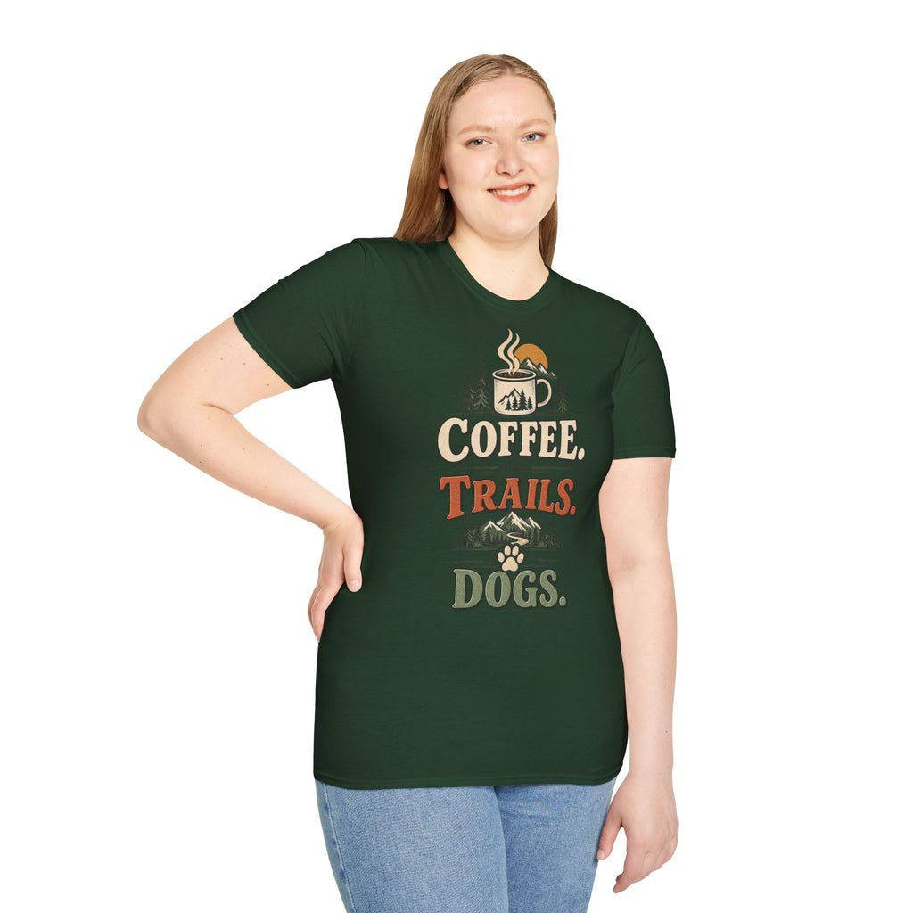 Coffee. Trails. Dogs. T-Shirt — Outdoor Coffee & Hiking Dog Tee