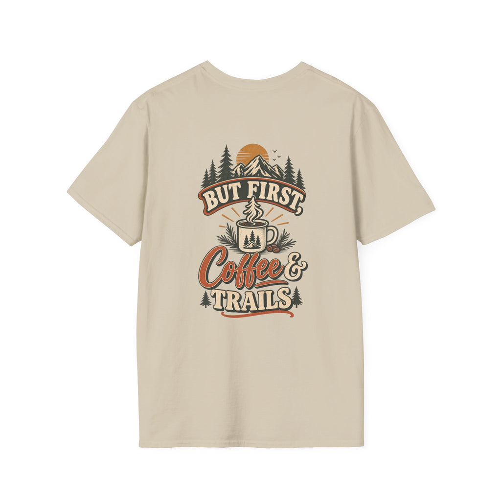 But First Coffee & Trails T-Shirt — Outdoor Coffee Lover Graphic Tee