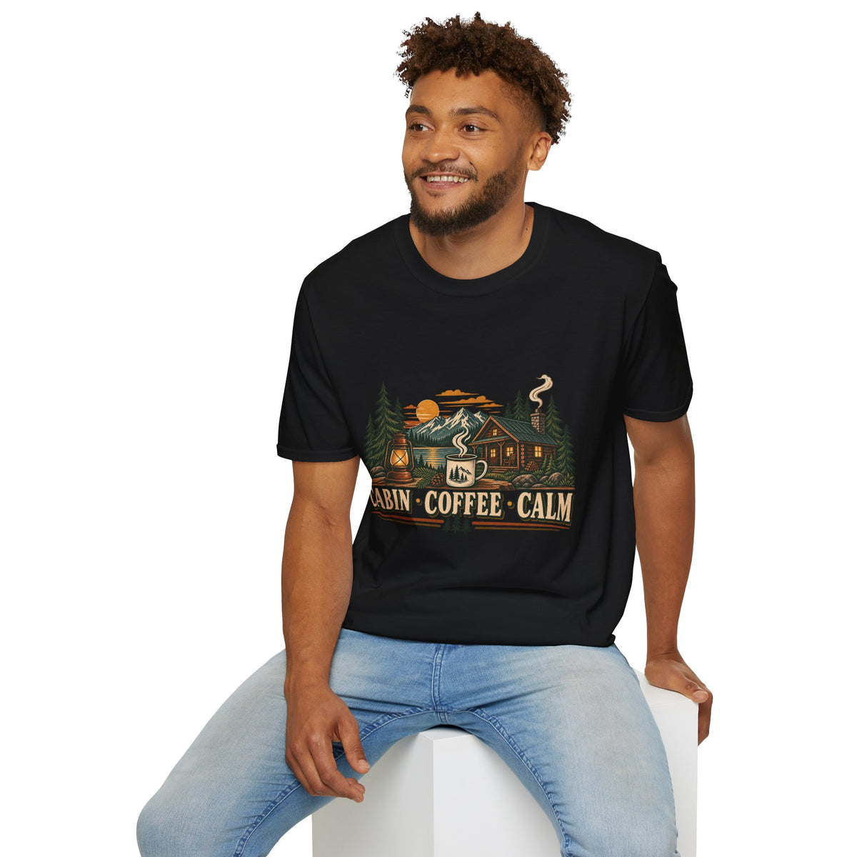Cabin • Coffee • Calm T-Shirt — Rustic Cabin Coffee Graphic Tee