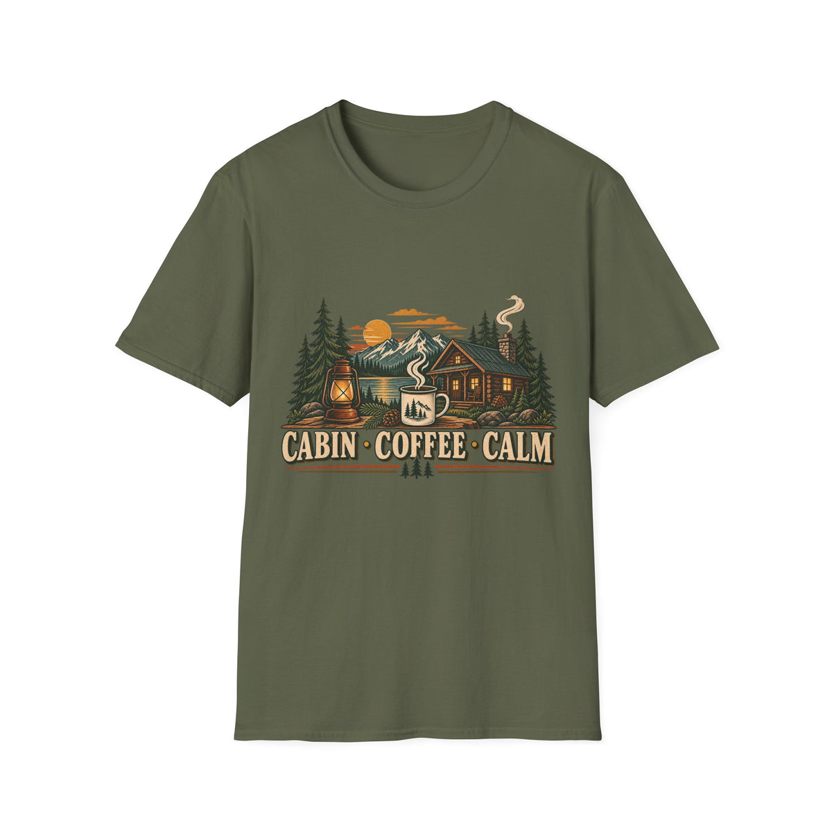 Cabin • Coffee • Calm T-Shirt — Rustic Cabin Coffee Graphic Tee