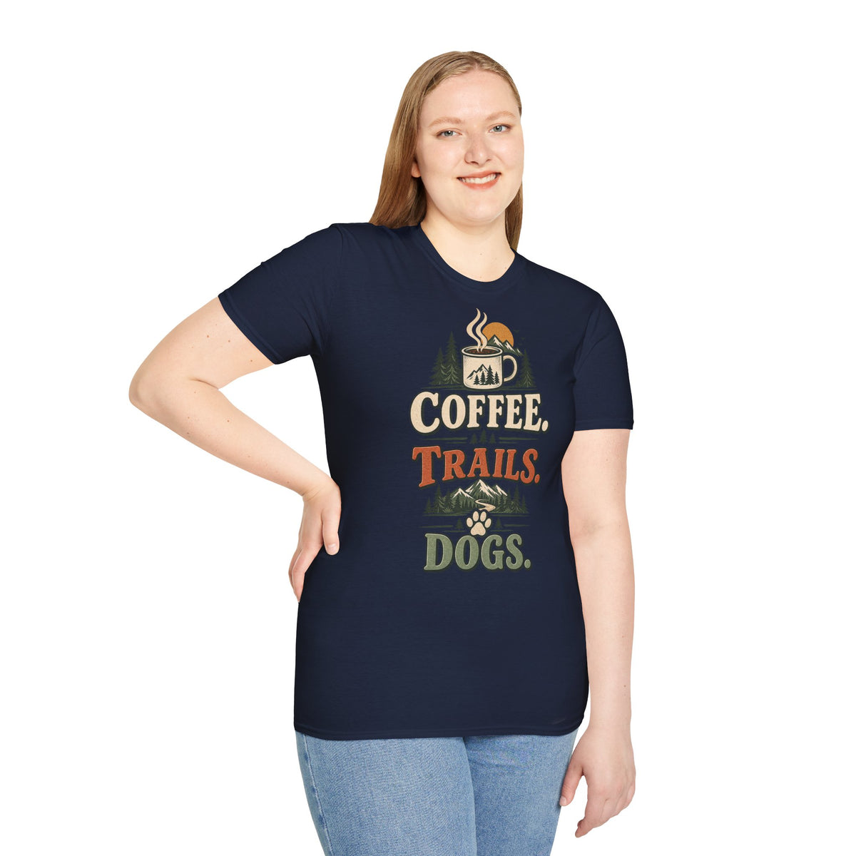 Coffee. Trails. Dogs. T-Shirt — Outdoor Coffee & Hiking Dog Tee