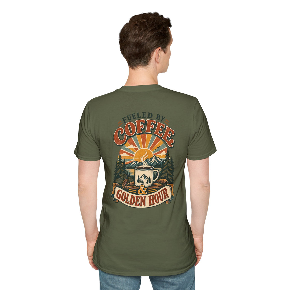 Coffee & Golden Hour T-Shirt — Fueled by Coffee Vintage Outdoor Graphic Tee