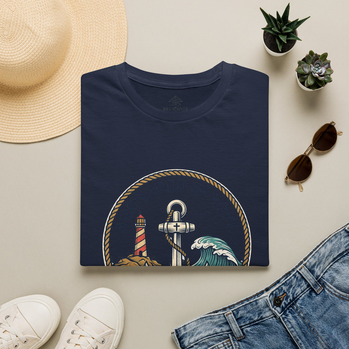 Anchored in Hope T-Shirt — Anchor & Waves Christian Shirt (Hebrews 6:19)