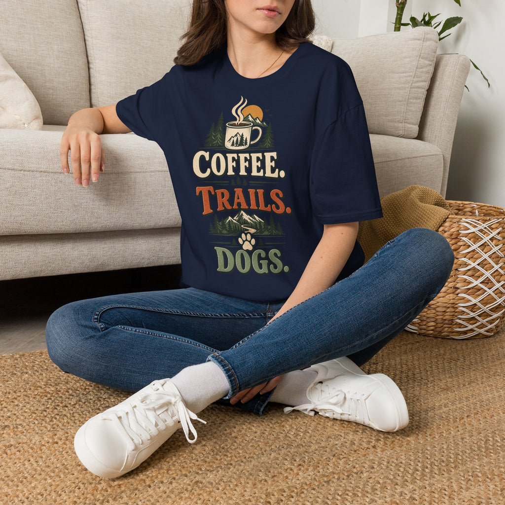 Coffee. Trails. Dogs. T-Shirt — Outdoor Coffee & Hiking Dog Tee